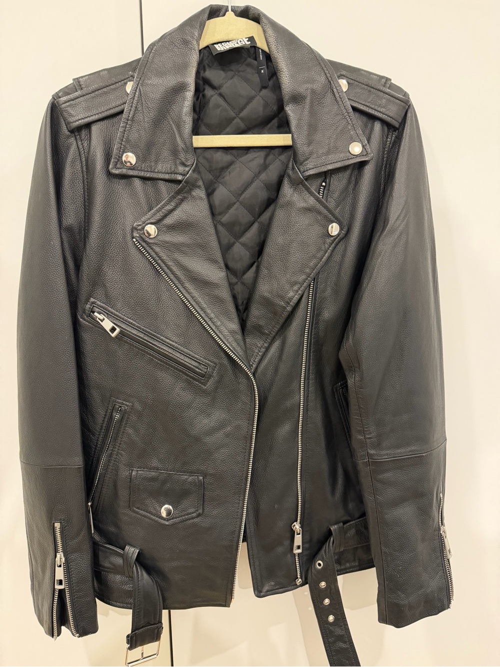 Reclaimed Vintage Black Leather Biker Jacket with Silver Hardware